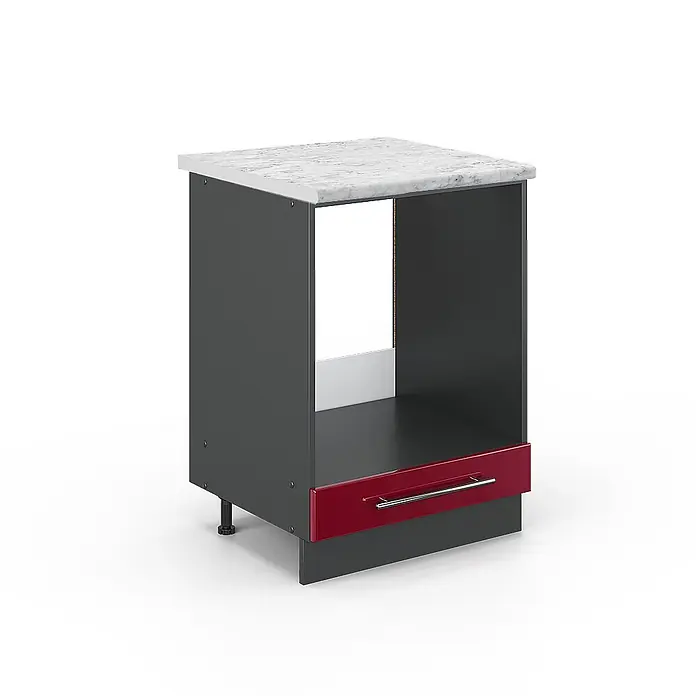 Vicco Schrankküche Fame-Line Bordeaux Hochglanz, AP Marmor - Bordeaux Hochglanz, Herdumbauschrank 60 cm, AP Marmor - Dunkelgrauer Küchenunterschrank mit Marmoroptik-Arbeitsplatte, offenem Fach und roter Schublade. Mit verstellbaren Füßen.