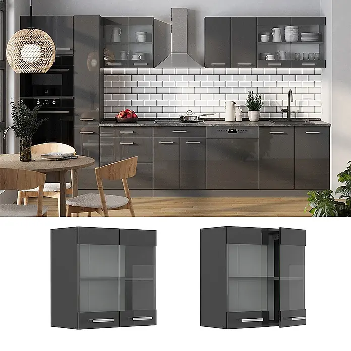 Vicco Schrankküche R-Line Anthrazit Hochglanz - Breite: 60 cm, Anthrazit Hochglanz, Hängeglasschrank 60 cm - Moderne hochglanzgraue Küchenschränke, teilweise mit Glasfronten, in einer zeitgenössischen Küche installiert.