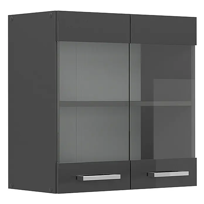 Vicco Schrankküche R-Line Anthrazit Hochglanz - Breite: 60 cm, Anthrazit Hochglanz, Hängeglasschrank 60 cm - Dunkelgrauer Hängeschrank mit zwei Glastüren, Einlegeboden und zwei unteren Schubladen mit silbernen Griffen.