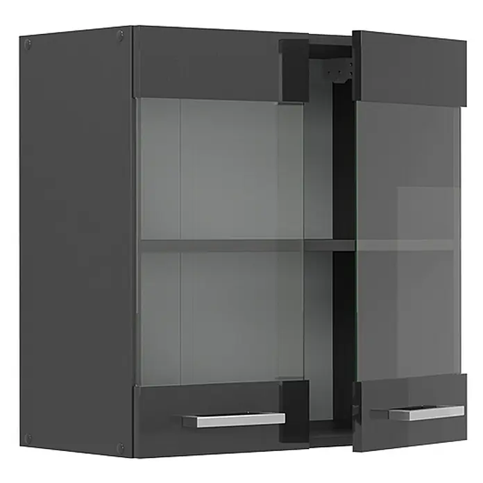 Vicco Schrankküche R-Line Anthrazit Hochglanz - Breite: 60 cm, Anthrazit Hochglanz, Hängeglasschrank 60 cm - Dunkelgrauer Wandschrank mit satinierten Glastüren und silbernen Griffen, eine Tür offen mit Glasböden.