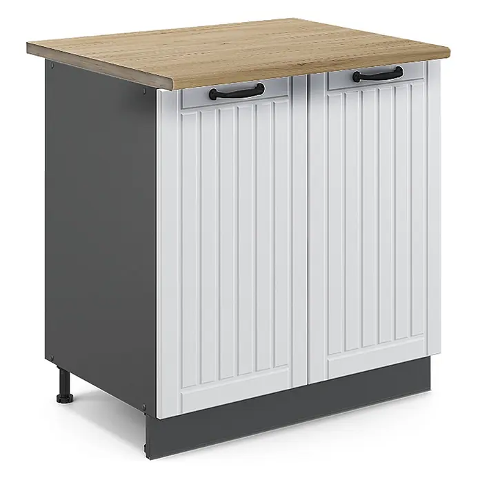 Vicco Schrankküche Fame-Line Weiß Landhaus mit Regal, AP Eiche - Weiß Landhaus, Unterschrank 80 cm, AP Eiche - Küchenunterschrank mit heller Holzplatte, dunkelgrauen Seiten und weißen Lamellentüren mit schwarzen Griffen.