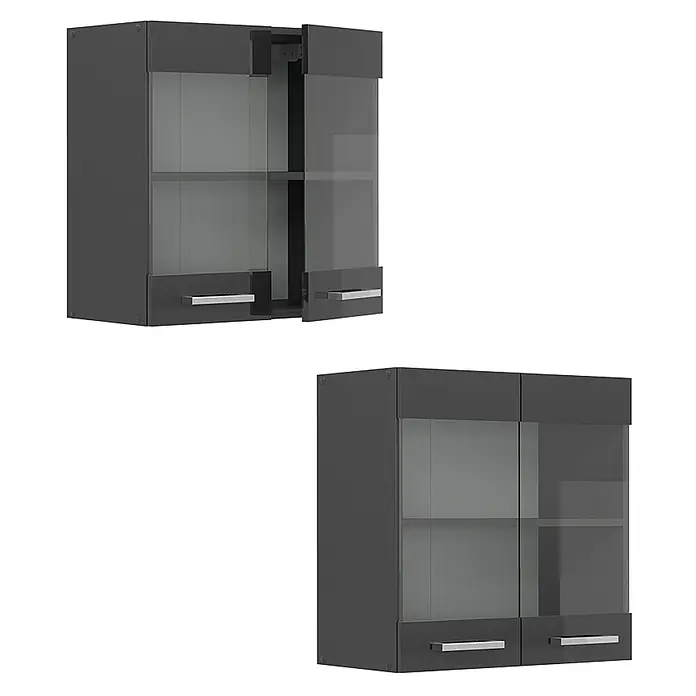 Vicco Schrankküche R-Line Anthrazit Hochglanz - Breite: 60 cm, Anthrazit Hochglanz, Hängeglasschrank 60 cm - Dunkelgrauer Wandschrank mit Glastüren und silbernen Griffen. Eine Tür ist leicht geöffnet und zeigt Einlegeböden.