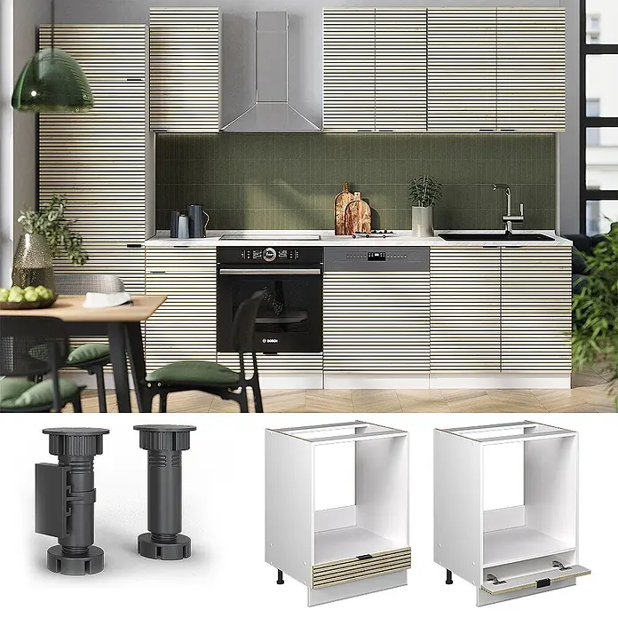 Vicco Schrankküche Fame-Line Eiche Paneel ohne Arbeitsplatte - Eiche Paneel, Herdumbauschrank 60 cm - Moderne Küche mit hellen Lamellenschränken, Ofen, Spülmaschine und Unterschränken mit verstellbaren Füßen und Sockelschubladen.