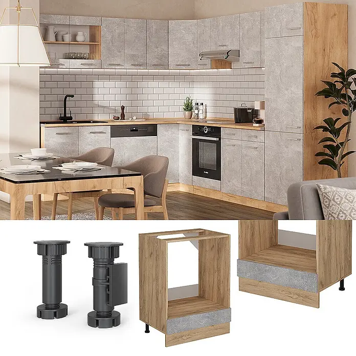 Vicco Schrankküche R-Line Beton, AP Anthrazit - Beton, Herdumbauschrank 60 cm, AP Anthrazit - Moderne L-förmige Küche mit grauen Strukturschränken und Holzdetails, inklusive verstellbarer Beine und Schrankrahmen.