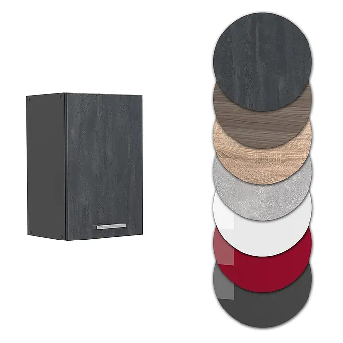 Vicco Hängeschrank R-Line, Schwarz Beton, 40 cm -  - Dunkelgrauer Wandschrank mit Griff und Stapel runder Materialmuster.