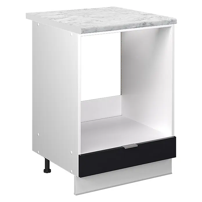 Vicco Schrankküche Fame-Line Schwarz gestreift, AP Marmor - Schwarz gestreift, Herdumbauschrank 60 cm - Weißer Unterschrank mit Marmoroptik-Arbeitsplatte, offenem Gerätefach und schwarzer Schublade.
