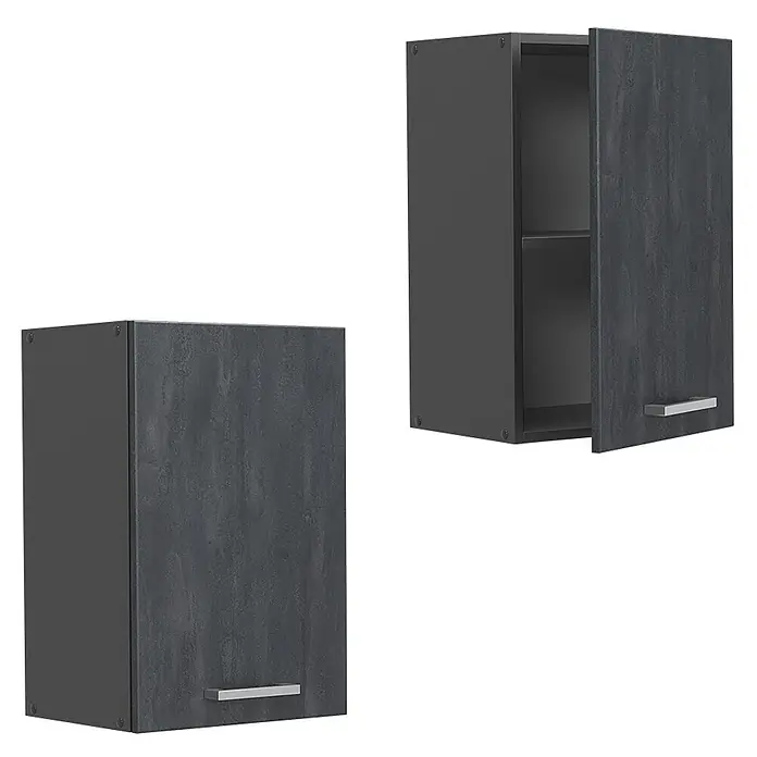 Vicco Hängeschrank R-Line, Schwarz Beton, 40 cm -  - Zwei dunkelgraue Hängeschränke, einer geschlossen und einer offen mit Einlegeboden, mit strukturierten Türen und silbernen Griffen.