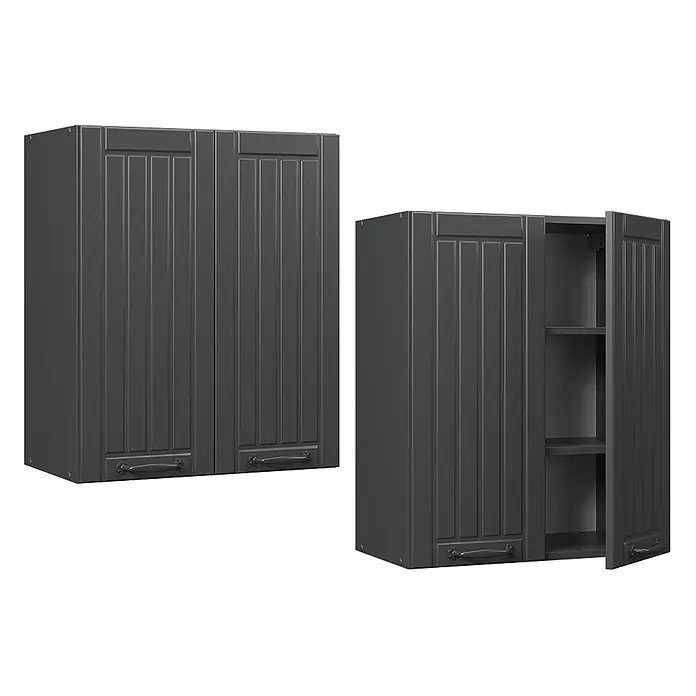 Vicco Schrankküche Fame-Line Dunkelgrau - Dunkelgrau, Hängeschrank 60 cm - Zwei dunkelgraue Küchenhängeschränke mit vertäfelten Türen und Griffen; einer ist geöffnet und zeigt Regalböden.