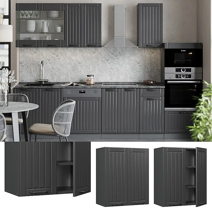 Vicco Schrankküche Fame-Line Dunkelgrau - Dunkelgrau, Hängeschrank 60 cm - Dunkelgraue Küchenschränke mit gerillten Türen, teilweise mit Regalen.