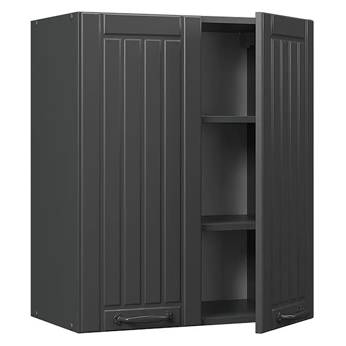 Vicco Schrankküche Fame-Line Dunkelgrau - Dunkelgrau, Hängeschrank 60 cm - Dunkelgrauer Wandschrank mit gerillten Türen, eine geöffnet, um zwei Innenregale und Metallgriffe zu zeigen.
