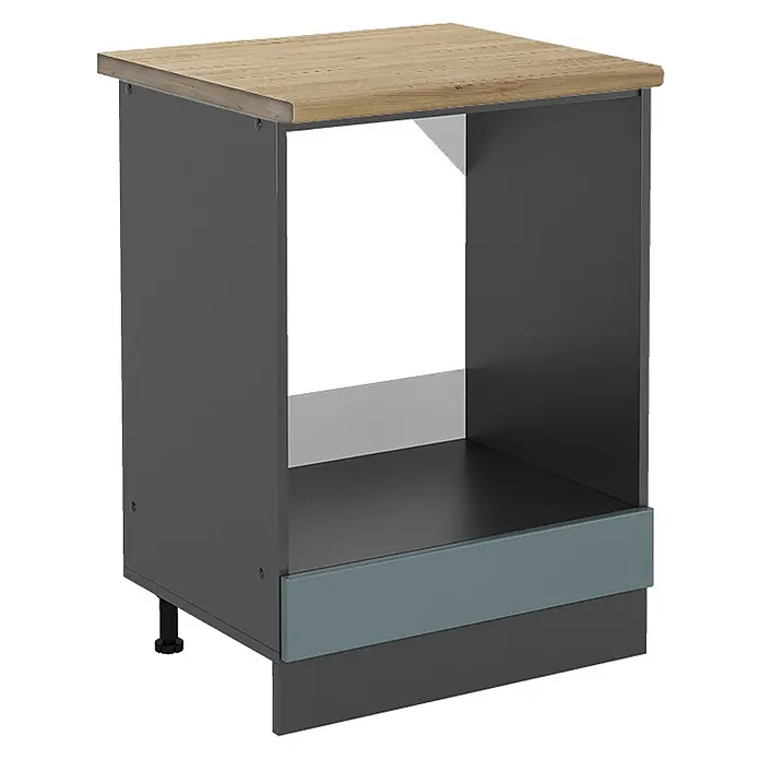 Vicco Schrankküche R-Line Blau-Grau, AP Eiche - Blau-Grau, Herdumbauschrank 60 cm, AP Eiche - Dunkelgrauer offener Unterschrank mit heller Holzoptik-Arbeitsplatte und blaugrauem Sockel.