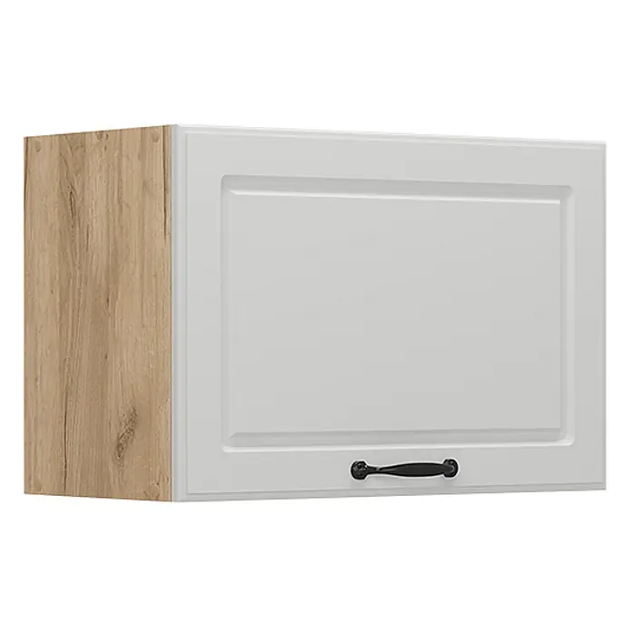 Vicco Schrankküche R-Line Weiß Landhaus Flach - Weiß Landhaus, Hängeschrank 60 cm (flach) - Weißer Küchenoberschrank mit Kassettenfront, heller Holzoptik-Seitenwand und schwarzem Griff.