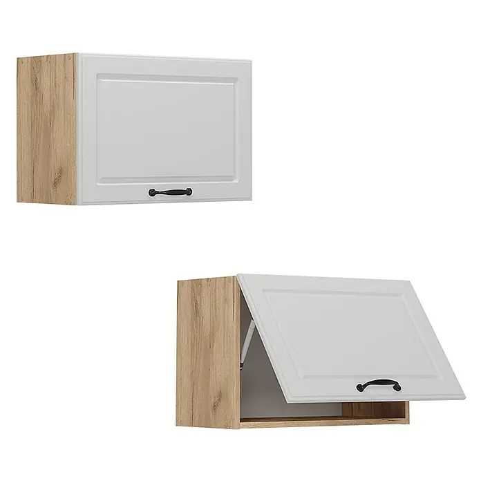 Vicco Schrankküche R-Line Weiß Landhaus Flach - Weiß Landhaus, Hängeschrank 60 cm (flach) - Weißer Küchenwandschrank mit Holzseite und schwarzem Griff, geschlossen und mit geöffneter Klapptür gezeigt.