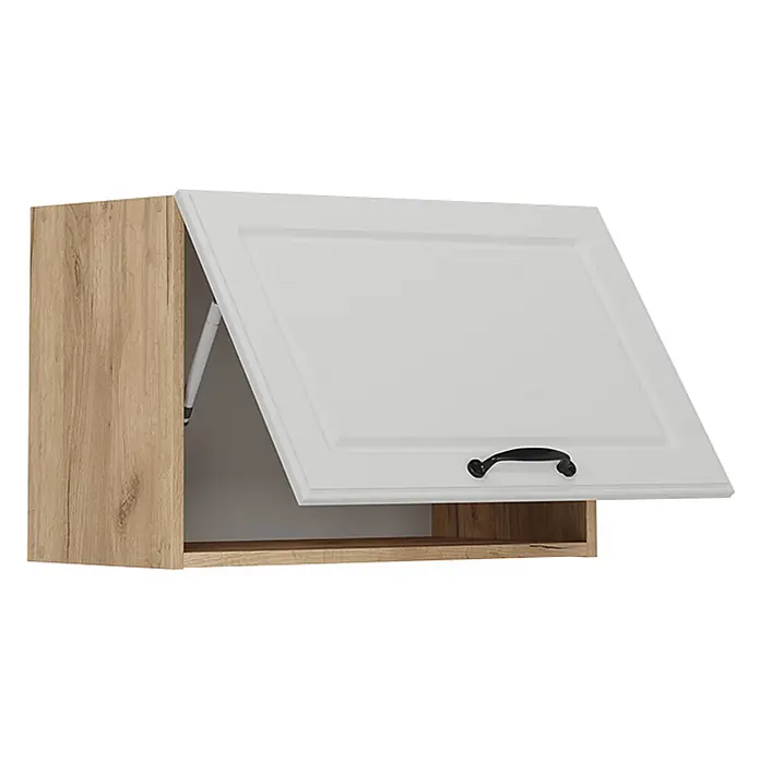 Vicco Schrankküche R-Line Weiß Landhaus Flach - Weiß Landhaus, Hängeschrank 60 cm (flach) - Heller Holz-Wandschrank mit offener weißer Kassettentür und schwarzem Griff.