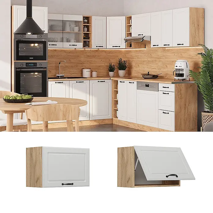 Vicco Schrankküche R-Line Weiß Landhaus Flach - Weiß Landhaus, Hängeschrank 60 cm (flach) - Moderne Küche mit weißen Schranktüren im Shaker-Stil, hellen Holzakzenten und integrierten Geräten.