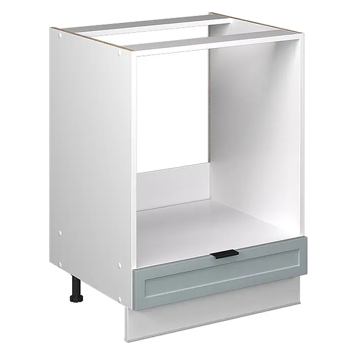 Vicco Schrankküche Fame-Line Hellblau-grau ohne Arbeitsplatte - Hellblau-grau, Herdumbauschrank 60 cm - Weißer Küchenunterschrank mit offenem Gerätefach, grauer Schublade, schwarzem Griff und Sockelblende. Verstellbare Füße.