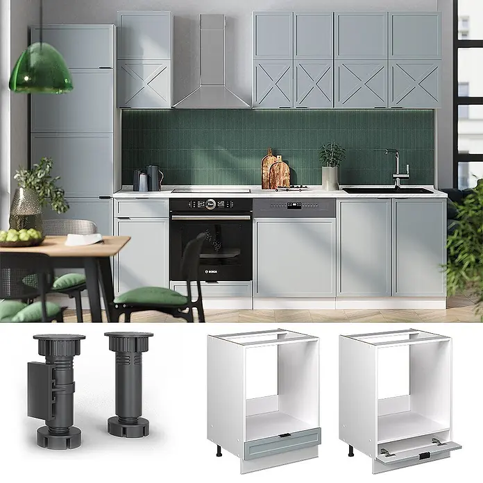 Vicco Schrankküche Fame-Line Hellblau-grau, AP Anthrazit - Hellblau-grau, Herdumbauschrank 60 cm, AP Anthrazit - Verstellbare dunkelgraue Möbelfüße und weiße Küchenunterschränke mit hellgrauen Fronten für den Küchengebrauch.