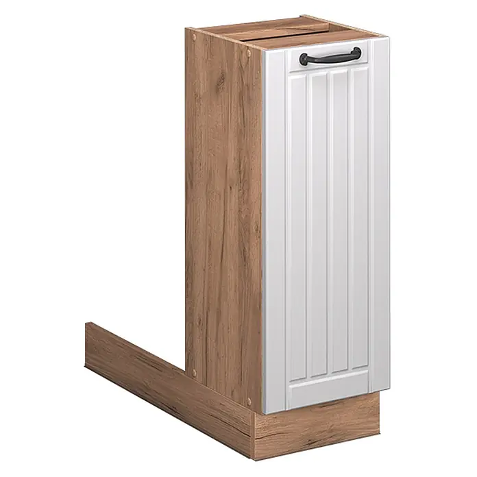 Vicco Kücheninsel Fame-Line, Weiß Landhaus, 30 cm -  - Hoher, schmaler Schrank mit weißer Lamellentür und dunklem Griff, Holzoptik-Seiten und -Sockel.