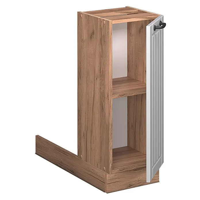 Vicco Kücheninsel Fame-Line, Weiß Landhaus, 30 cm -  - Hoher Holzmaserung-Schrank mit offenen Regalen, weißer gerippter Tür, schwarzem Griff und L-förmigem Sockel.