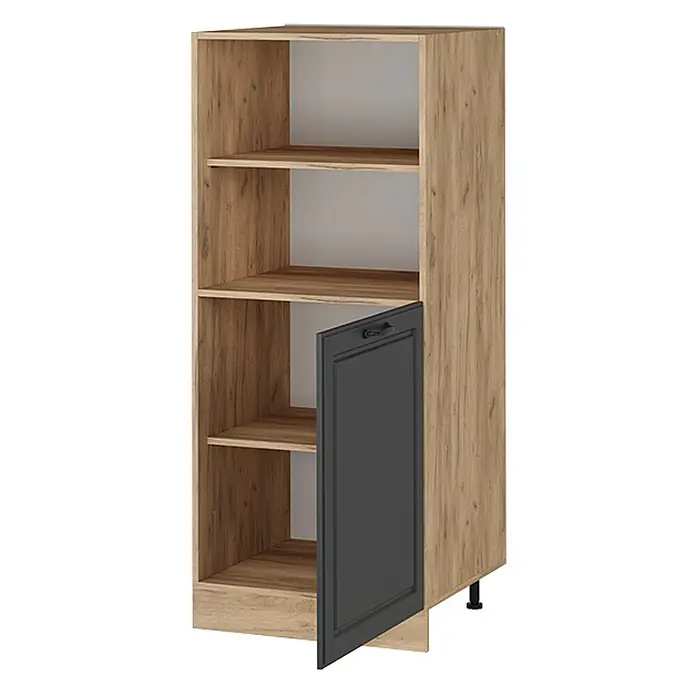 Vicco Schrankküche R-Line Anthrazit Landhaus - Anthrazit Landhaus, Backofenumbauschrank 60 cm (halb) - Hoher Holzschrank mit offenen Regalen und einer dunkelgrauen Kassettentür mit Griff, auf kurzen Beinen.