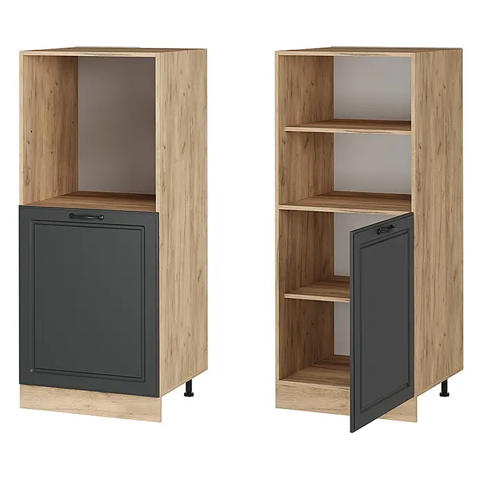 Vicco Schrankküche R-Line Anthrazit Landhaus - Anthrazit Landhaus, Backofenumbauschrank 60 cm (halb) - Zwei hohe Küchenschränke aus hellem Holzdekor mit dunkelgrauen Türen. Einer hat eine offene Nische, der andere offene Regale.