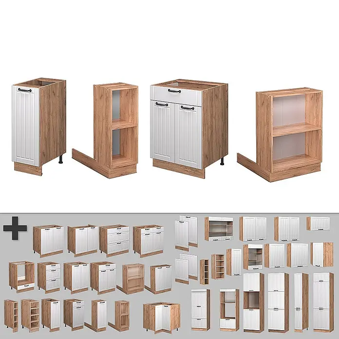 Vicco Inselküche Fame-Line Weiß Landhaus mit Schublade, ohne Arbeitsplatte - Weiß Landhaus, Ohne Elektrogeräte - Sortiment modularer Küchenschränke: helle Holzmaserung mit weißen Paneeltüren/Fronten, schwarzen Griffen, inkl. Unter-, Ober- und Hochschränke.