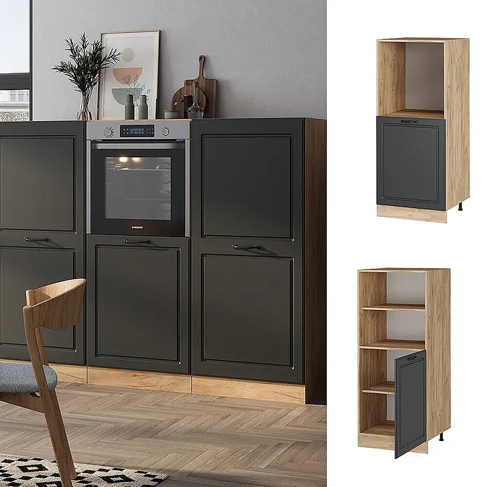 Vicco Schrankküche R-Line Anthrazit Landhaus - Anthrazit Landhaus, Backofenumbauschrank 60 cm (halb) - Hoher Küchenschrank für Einbaubackofen und Stauraum, dunkelgraue Fronten mit hellem Holzrahmen.