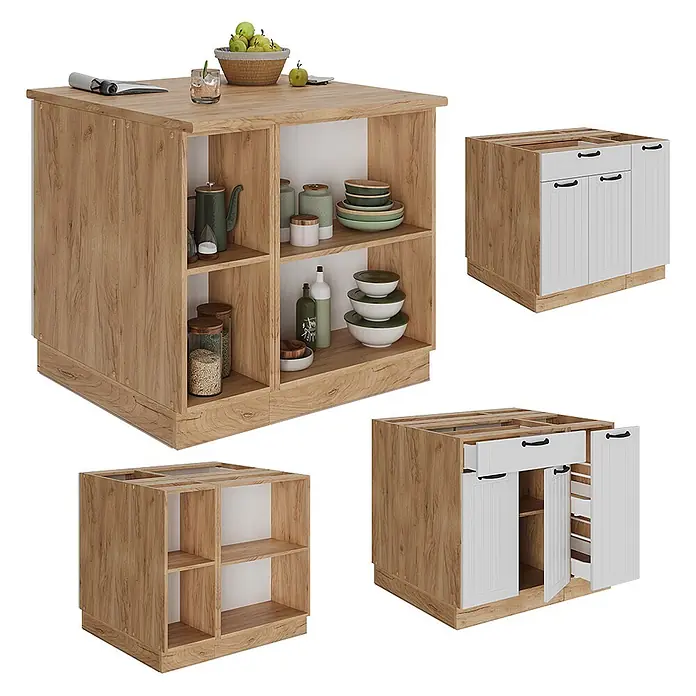 Vicco Inselküche Fame-Line Weiß Landhaus mit Schublade, ohne Arbeitsplatte - Weiß Landhaus, Ohne Elektrogeräte - Modulare Kücheninsel aus hellem Holz und Weiß mit offenen Regalen, Schränken und Schubladen.