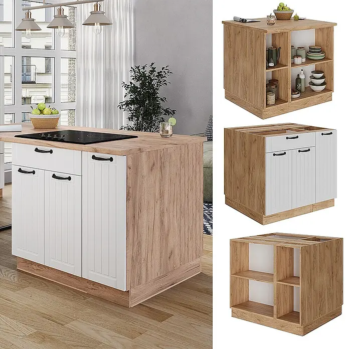 Vicco Inselküche Fame-Line Weiß Landhaus mit Schublade, ohne Arbeitsplatte - Weiß Landhaus, Ohne Elektrogeräte - Modulare Kücheninsel in heller Holzoptik mit weißen Paneeltüren, offenen Regalen und integriertem Kochfeld.