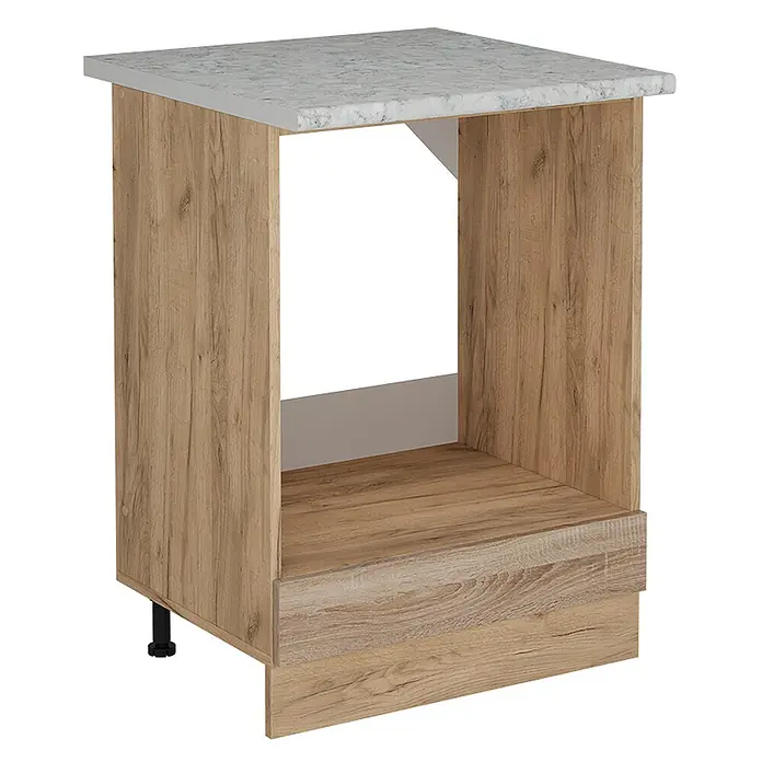Vicco Schrankküche R-Line Sonoma AP Marmor - Sonoma, Herdumbauschrank 60 cm, AP Marmor - Küchenunterschrank in heller Holzoptik mit grau gesprenkelter Arbeitsplatte und offenem Fach für ein Gerät.
