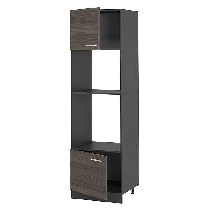 Vicco Schrankküche R-Line Edelgrau - Edelgrau, Mikrowellenschrank - Hoher, dunkelgrauer Vorratsschrank mit zwei leicht geöffneten Holztüren und offenen Regalfächern.