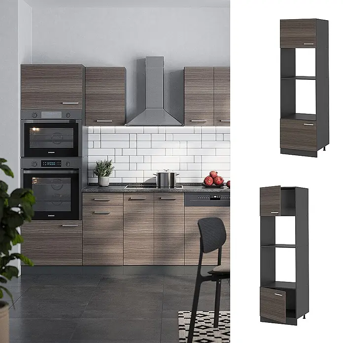 Vicco Schrankküche R-Line Edelgrau - Edelgrau, Mikrowellenschrank - Hoher Küchenschrank mit dunkelbraunen Holzmaserungstüren und anthrazitfarbenem Rahmen, in moderner Küche.
