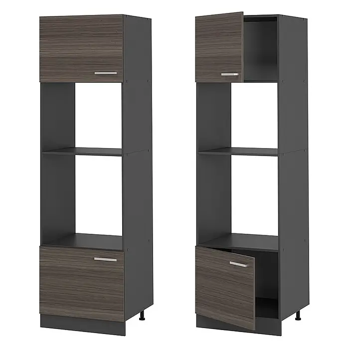 Vicco Schrankküche R-Line Edelgrau - Edelgrau, Mikrowellenschrank - Hohe Küchen-Backofenschränke mit dunkelgrauem Korpus und dunklen Holzmaserungstüren, geschlossen und geöffnet dargestellt.