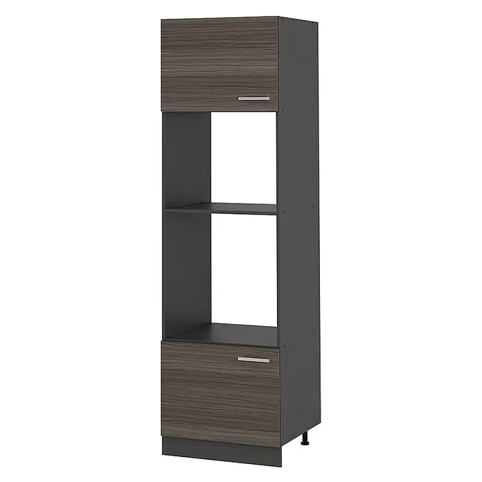 Vicco Schrankküche R-Line Edelgrau - Edelgrau, Mikrowellenschrank - Hoher, dunkelgrauer Vorratsschrank mit holzgemaserten Türen und offenem Regal.