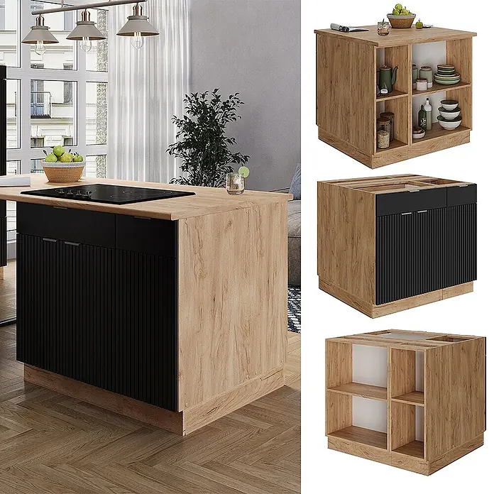Vicco Inselküche Fame-Line Schwarz gestreift mit Schublade, ohne Arbeitsplatte - Schwarz gestreift, Ohne Elektrogeräte - Moderne Kücheninsel in hellem Holzdekor und schwarzen Lamellen, mit integriertem Kochfeld und offenen Regalen.
