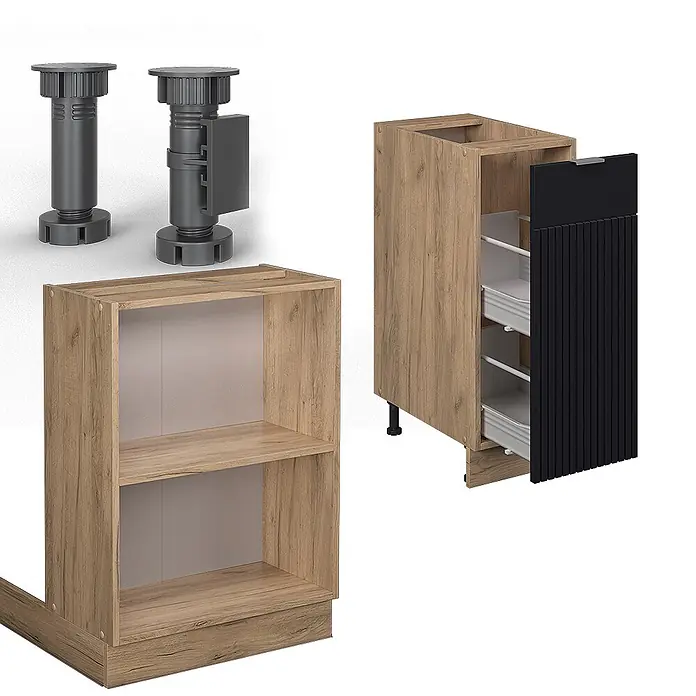 Vicco Inselküche Fame-Line Schwarz gestreift mit Schublade, ohne Arbeitsplatte - Schwarz gestreift, Ohne Elektrogeräte - Verstellbare graue Schranksockelfüße, ein offenes Regal in heller Holzoptik und ein Holzschrank mit schwarzen geriffelten Auszugsregalen.