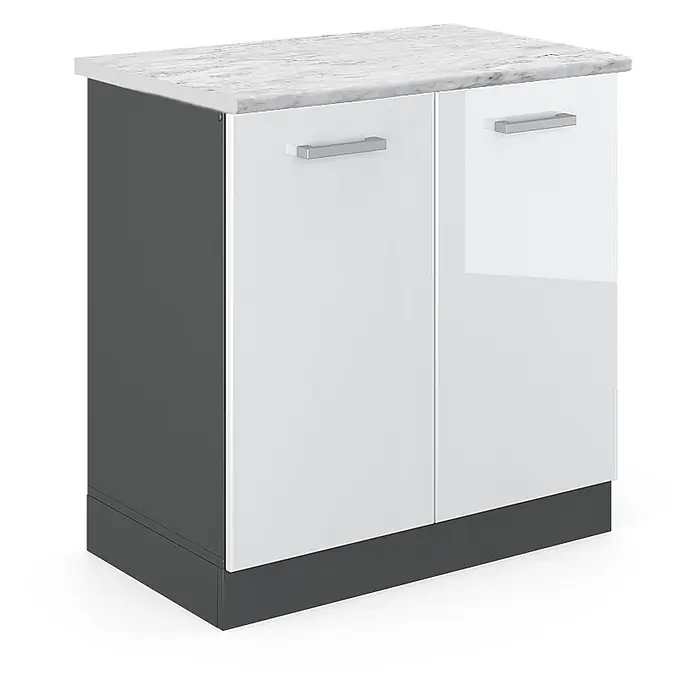 Vicco Schrankküche R-Line Weiß Hochglanz AP Marmor - Weiß Hochglanz, Spülenunterschrank 80 cm, AP Marmor - Zweitüriger Schrank mit weißen Hochglanztüren, dunkelgrauem Korpus und heller Marmor-Effekt-Platte.
