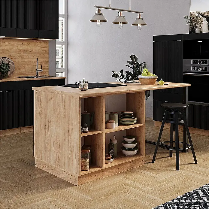 Vicco Inselküche Fame-Line Schwarz gestreift mit Schublade, ohne Arbeitsplatte - Schwarz gestreift, Ohne Elektrogeräte - Helle Kücheninsel aus Holz mit integriertem Kochfeld und offenen Regalen als zentraler Arbeits- und Stauraum.