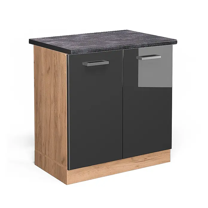 Vicco Schrankküche R-Line Anthrazit Hochglanz, AP Anthrazit - Anthrazit Hochglanz, Spülenunterschrank 80 cm, AP Anthrazit - Küchenunterschrank mit dunkelgrauen Hochglanztüren, Holzoptik-Seiten und dunkelgrauer Arbeitsplatte.