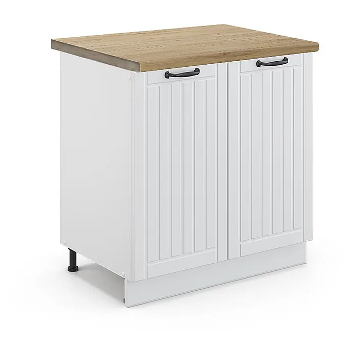 Vicco Schrankküche Fame-Line Weiß Landhaus, AP Eiche - Weiß Landhaus, Spülenunterschrank 80 cm, AP Eiche - Weißer Küchenunterschrank mit Holzplatte, zwei Paneeltüren und schwarzen Griffen.