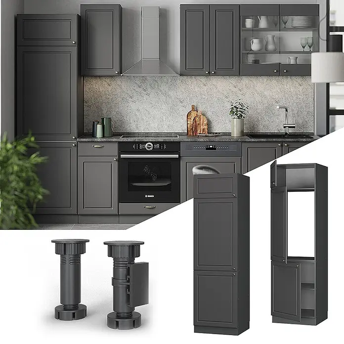 Vicco Schrankküche Fame-Line Anthrazit-Gold Landhaus - Anthrazit-Gold Landhaus, Kühlumbauschrank 60 cm - Dunkelgraues modulares Küchenschranksystem mit integriertem Backofen, Geschirrspüler und Hochschrank, gezeigt mit verstellbaren Nivellierfüßen.