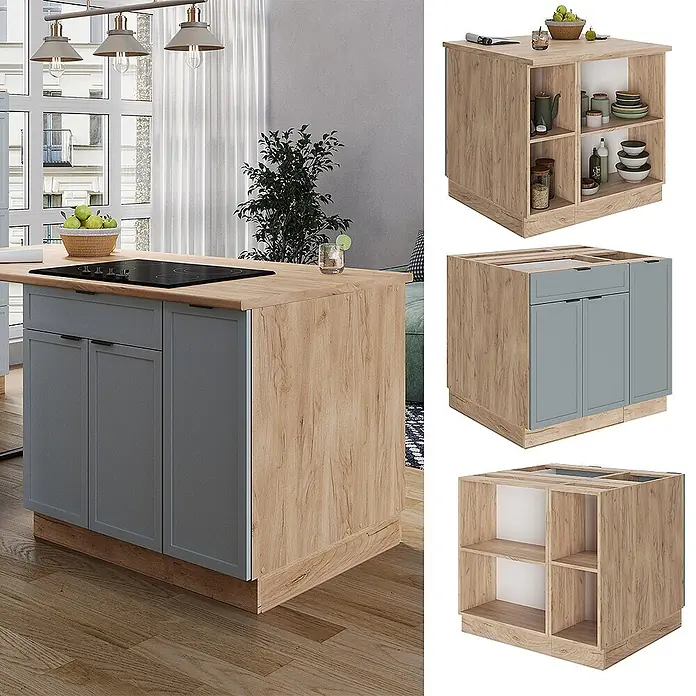 Vicco Inselküche Fame-Line Hellblau-grau mit Schublade, ohne Arbeitsplatte - Breite: 90 cm, Hellblau-grau, Ohne Elektrogeräte - Modulare Kücheninsel: Holz-Optik Korpus mit grauen Schranktüren, offenen Regalen und integriertem Kochfeld.