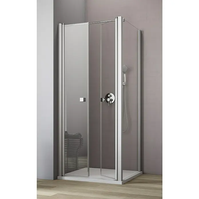 GEO Hit Eckdusche B-F110 - 100 x 100 x 202,2 cm, Beschichtet, Silber, Glasstärke: 6 mm, DIN Anschlag: Links - Elegante Duschkabine mit silbernem Rahmen und klaren Glastüren. Modernes Design für jedes Badezimmer.