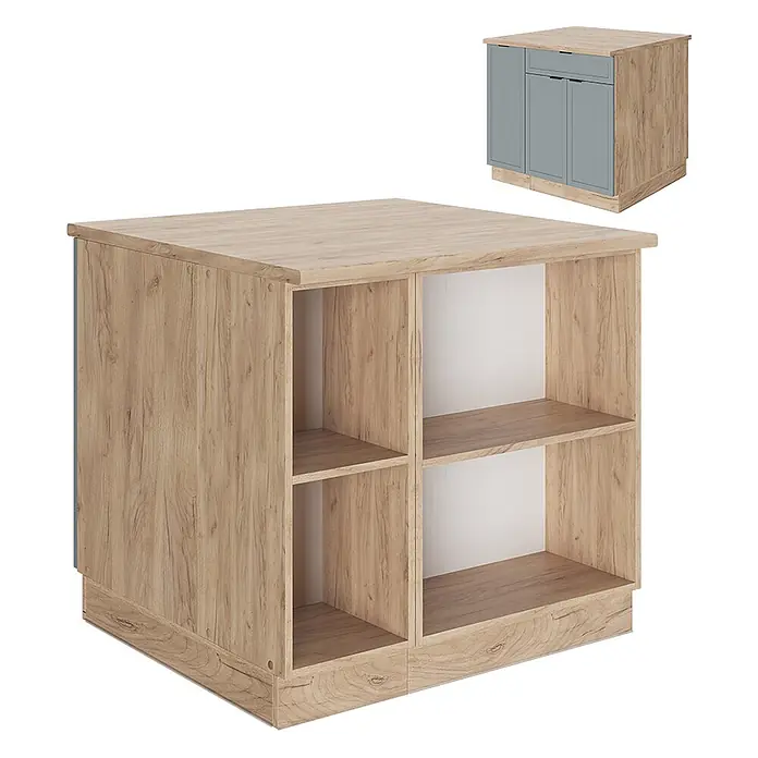 Vicco Inselküche Fame-Line Hellblau-grau mit Schublade, ohne Arbeitsplatte - Breite: 90 cm, Hellblau-grau, Ohne Elektrogeräte - Helle Kücheninsel in Holzoptik mit offenen Ablagefächern.