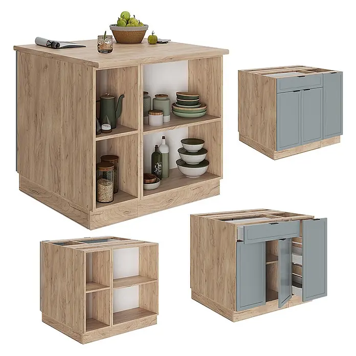 Vicco Inselküche Fame-Line Hellblau-grau mit Schublade, ohne Arbeitsplatte - Breite: 90 cm, Hellblau-grau, Ohne Elektrogeräte - Modulares Kücheninsel-/Schranksystem in hellem Holz und Grau, mit offenen Regalen und geschlossenem Stauraum.