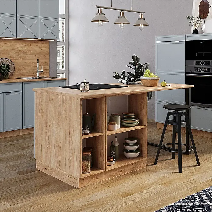 Vicco Inselküche Fame-Line Hellblau-grau mit Schublade, ohne Arbeitsplatte - Breite: 90 cm, Hellblau-grau, Ohne Elektrogeräte - Helle Kücheninsel aus Holz mit integriertem Kochfeld, offenen Regalen und Barerweiterung mit Hocker in moderner Küche.