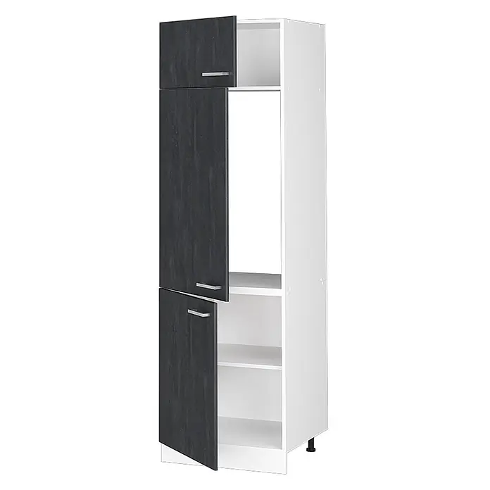 Vicco Schrankküche R-Line Schwarz Beton - Schwarz Beton, Kühlumbauschrank 60 cm - Hoher weißer Vorratsschrank mit dunkelgrauen Türen in Holzoptik und silbernen Griffen.