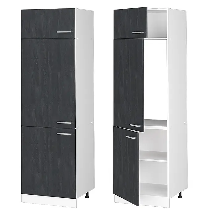 Vicco Schrankküche R-Line Schwarz Beton - Schwarz Beton, Kühlumbauschrank 60 cm - Hoher Küchenschrank mit dunkelgrauen strukturierten Türen und weißem Rahmen, geschlossen und geöffnet mit Regalen.