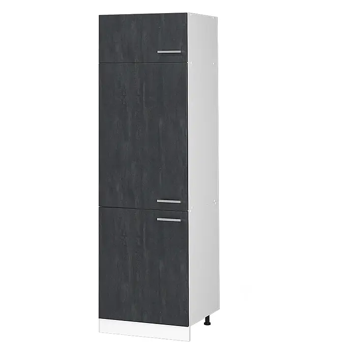 Vicco Schrankküche R-Line Schwarz Beton - Schwarz Beton, Kühlumbauschrank 60 cm - Hoher Hochschrank mit dunkelgrauen strukturierten Türen, weißen Seitenwänden und silbernen Stangengriffen.