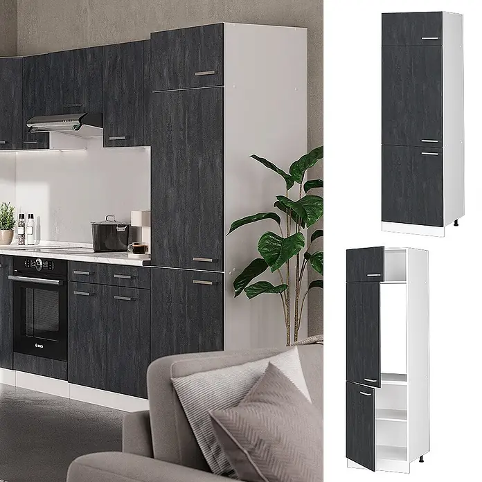 Vicco Schrankküche R-Line Schwarz Beton - Schwarz Beton, Kühlumbauschrank 60 cm - Dunkelgraue texturierte Küchenschränke mit weißem Korpus, inkl. hohem Vorratsschrank, in moderner Küche.